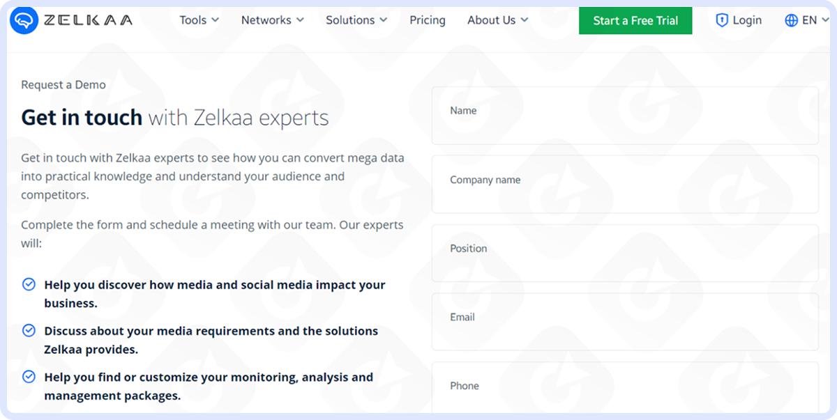 A request form to get a demo and start a free trial of the Zelkaa service. Zelkaa demo request form to contact experts for branding, marketing, and PR.